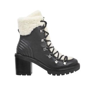 Marc Fisher Daven Lace Up Leather & Sheep Fur Black Boots